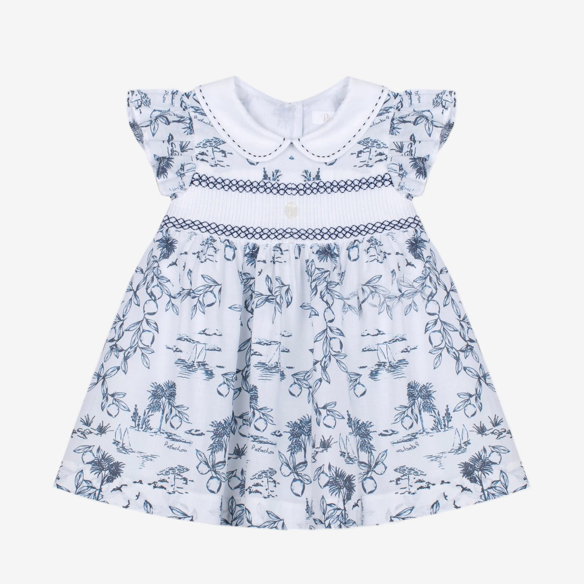 Patachou Baby Girls White & Navy Print Smocked Dress | Casa Childrenswear