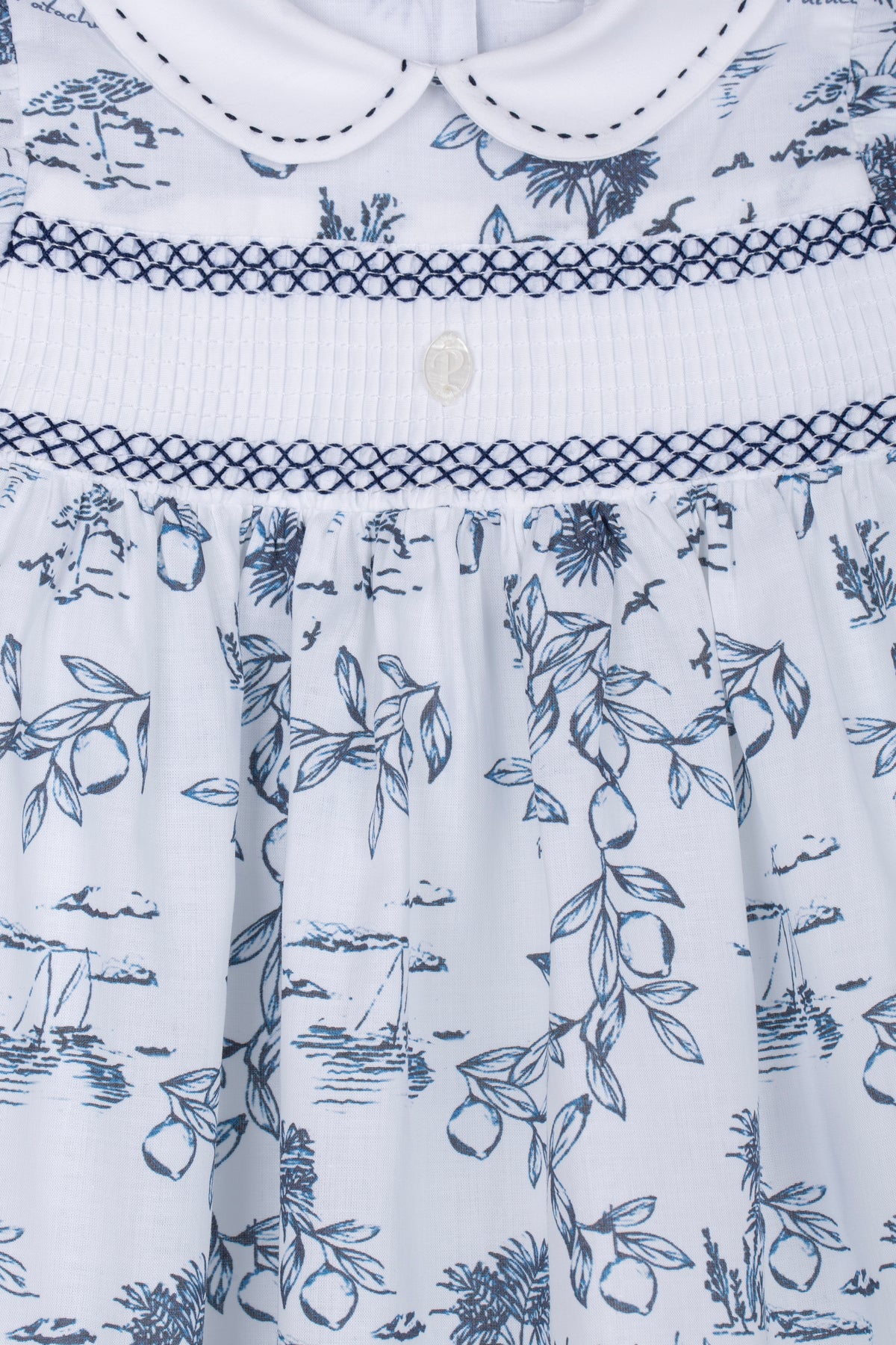 Patachou Baby Girls White & Navy Print Smocked Dress | Casa Childrenswear