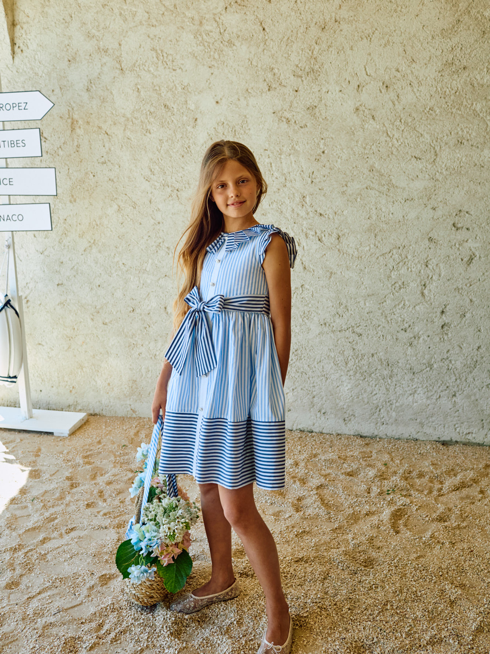 Patachou Girls White & Blue Contrasting Stripe Cotton Dress | Casa Childrenswear