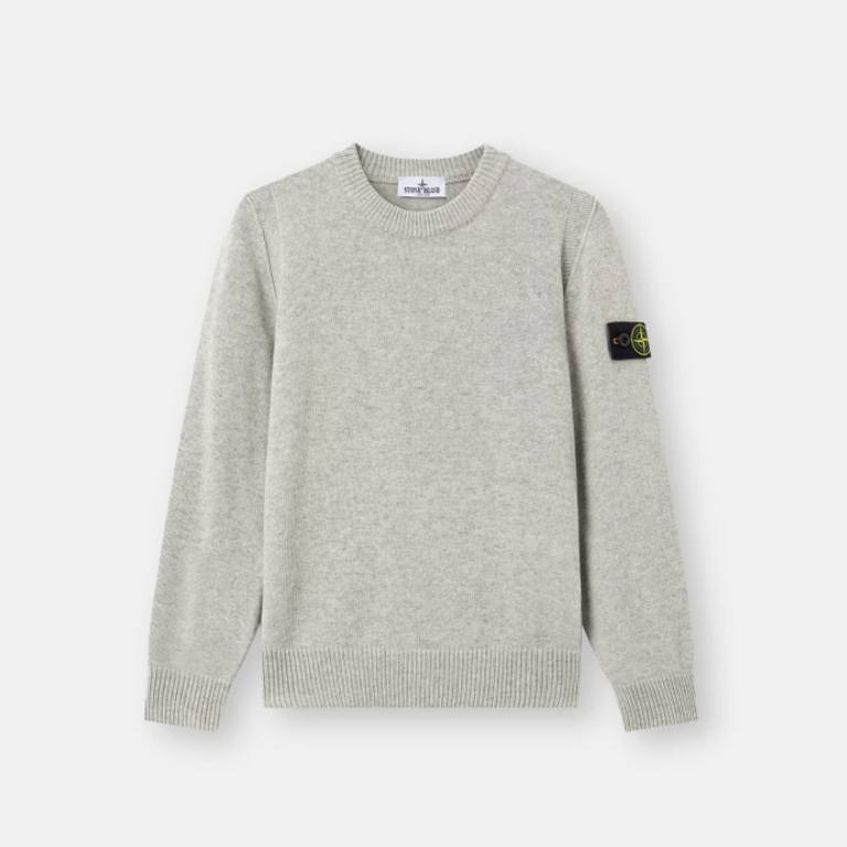 A light gray heather crewneck sweater with the iconic Stone Island compass patch on the left sleeve, displayed on a clean white background.