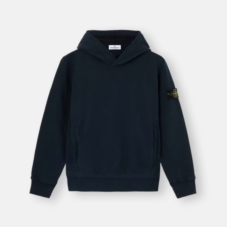 A dark navy blue Stone Island pullover hoodie with the signature compass badge on the left sleeve, displayed against a light gray background.