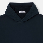 Close-up of a dark navy hooded sweatshirt with a visible Stone Island neck label.