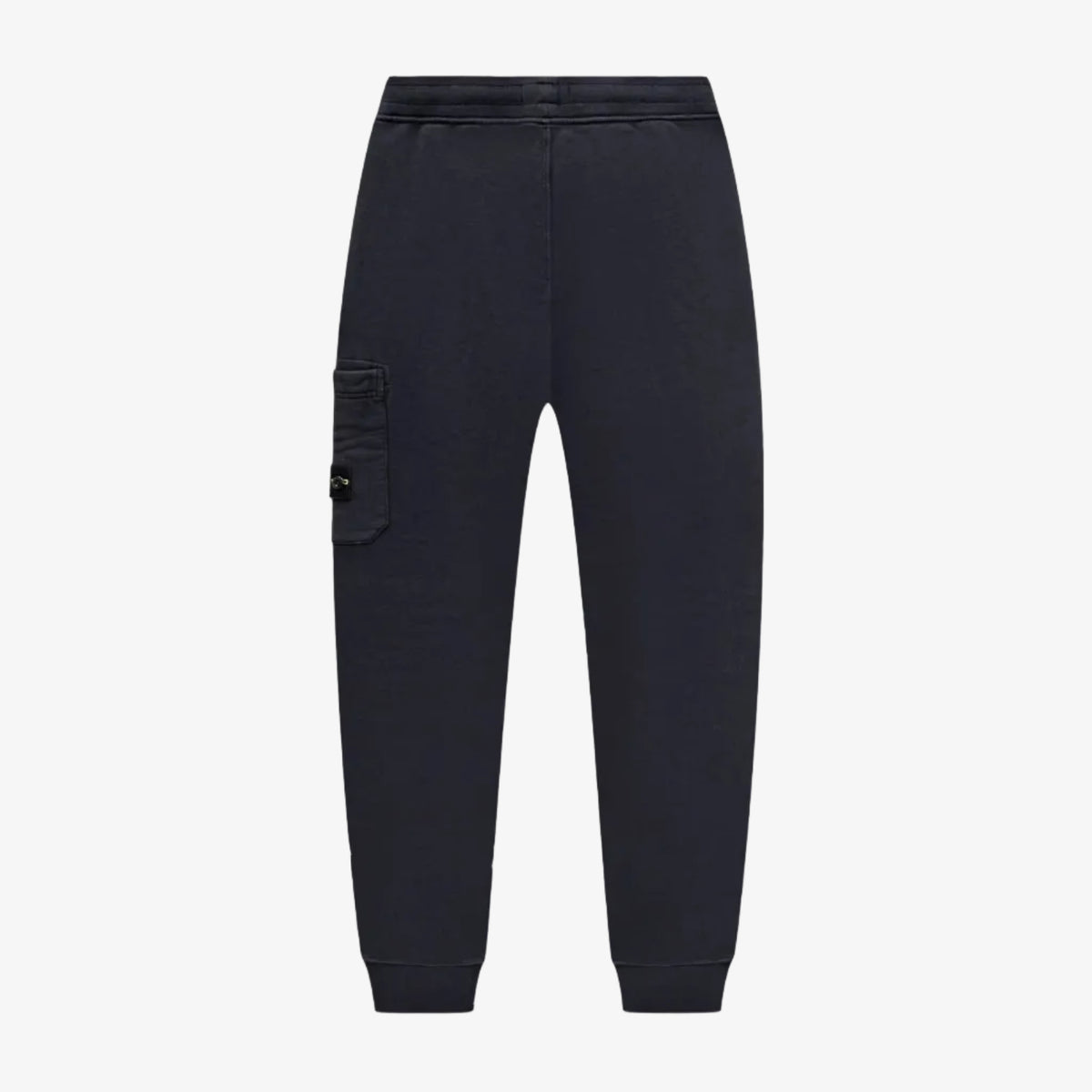 Dark navy blue sweatpants with a side cargo pocket featuring a small black button, shown against a light gray background.