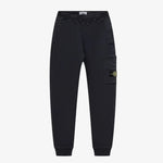 Black Stone Island cargo jogger pants with a zippered pocket and the signature compass badge, shown flat on a light gray background.