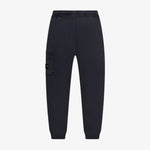 Dark navy blue sweatpants with a side cargo pocket featuring a small black button, shown against a light gray background.