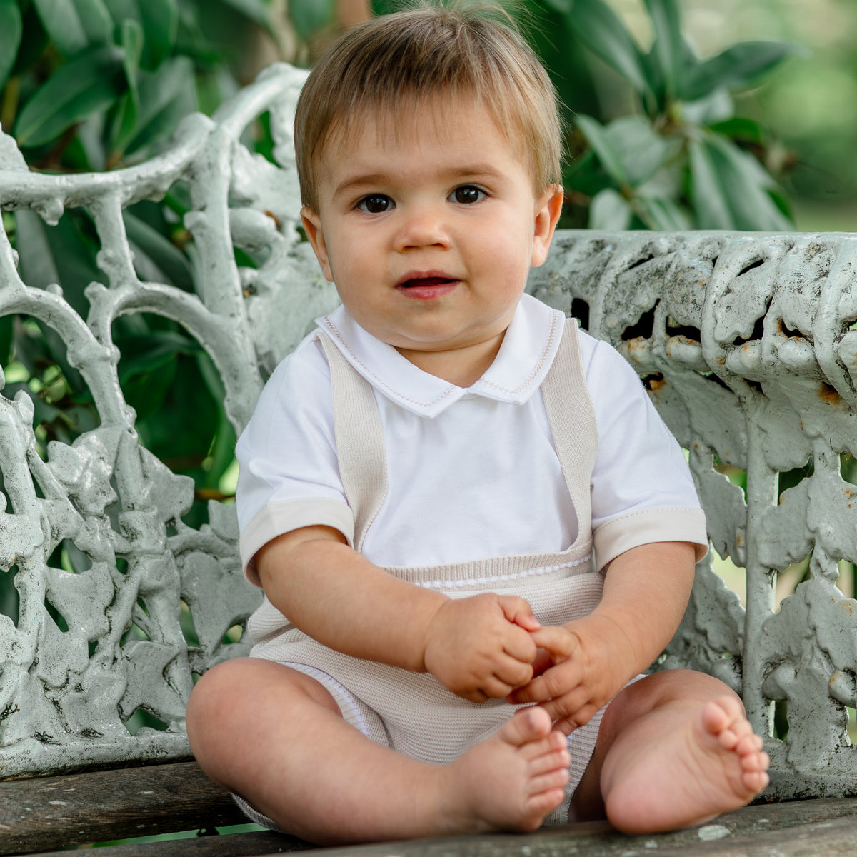 Emile et Rose Lowe Stone Knitted Romper with Braces | Casa Childrenswear