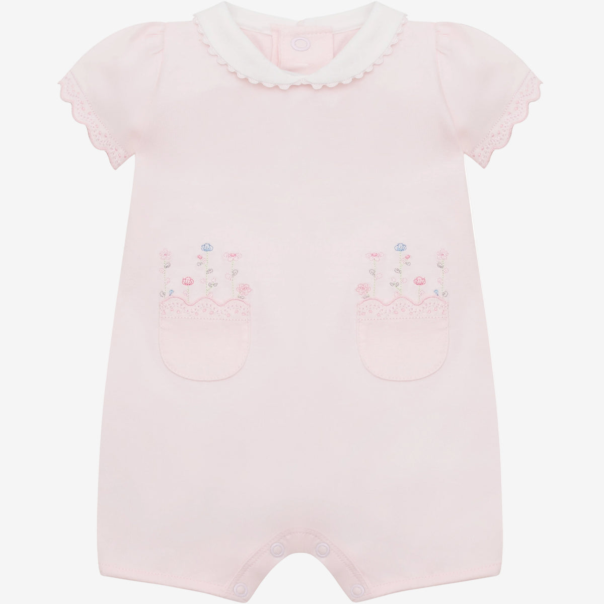 Emile et Rose Louise Pink Jersey Romper with Floral Embroidery | Casa Childrenswear