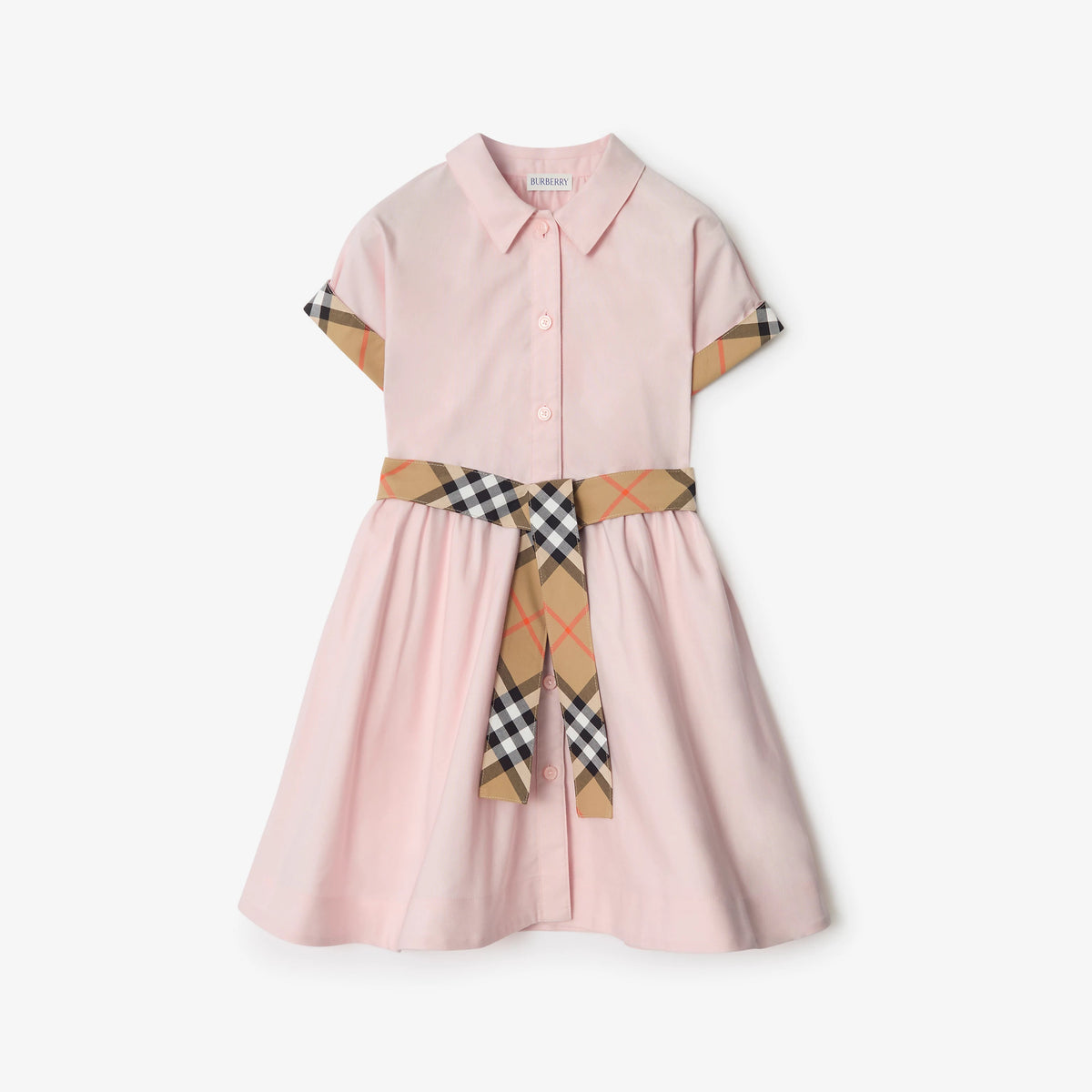 Burberry Girls Pale Pink Cotton Dress with Check Trims | Casa Childrenswear