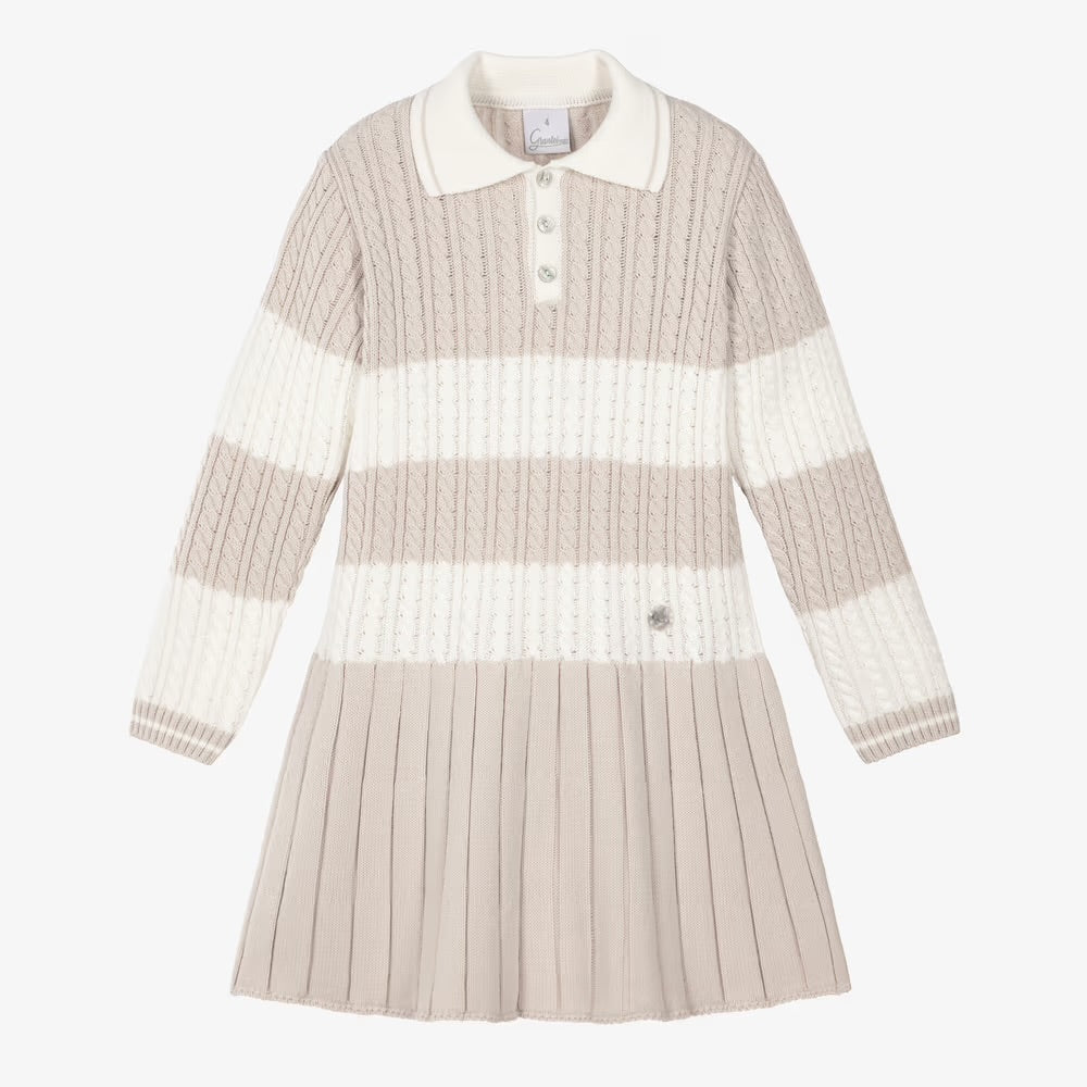 Girls Ivory & Sandy Beige Cable Knit Dress with Stripes