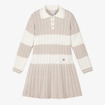 Granlei Girls Ivory & Sandy Beige Cable Knit Dress with Stripes - front view