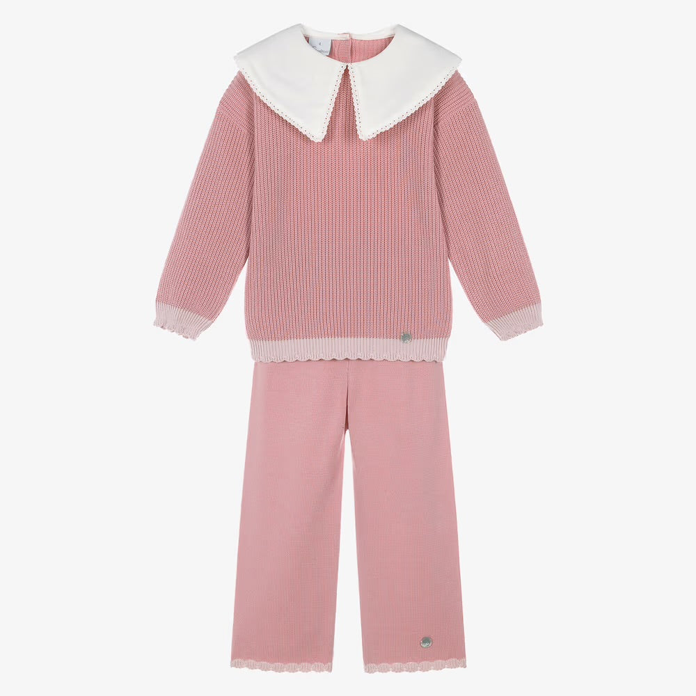Girls Pink Knit Trouser Set with White Collar