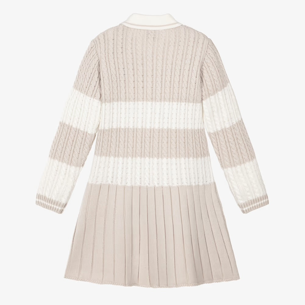 Girls Ivory & Sandy Beige Cable Knit Dress with Stripes