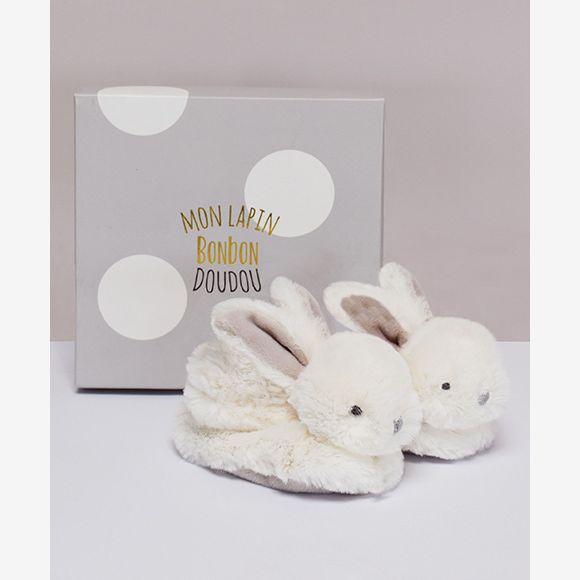 Doudou et Compagnie Beige Rabbit Booties Gift Box with Rattle | Casa Childrenswear