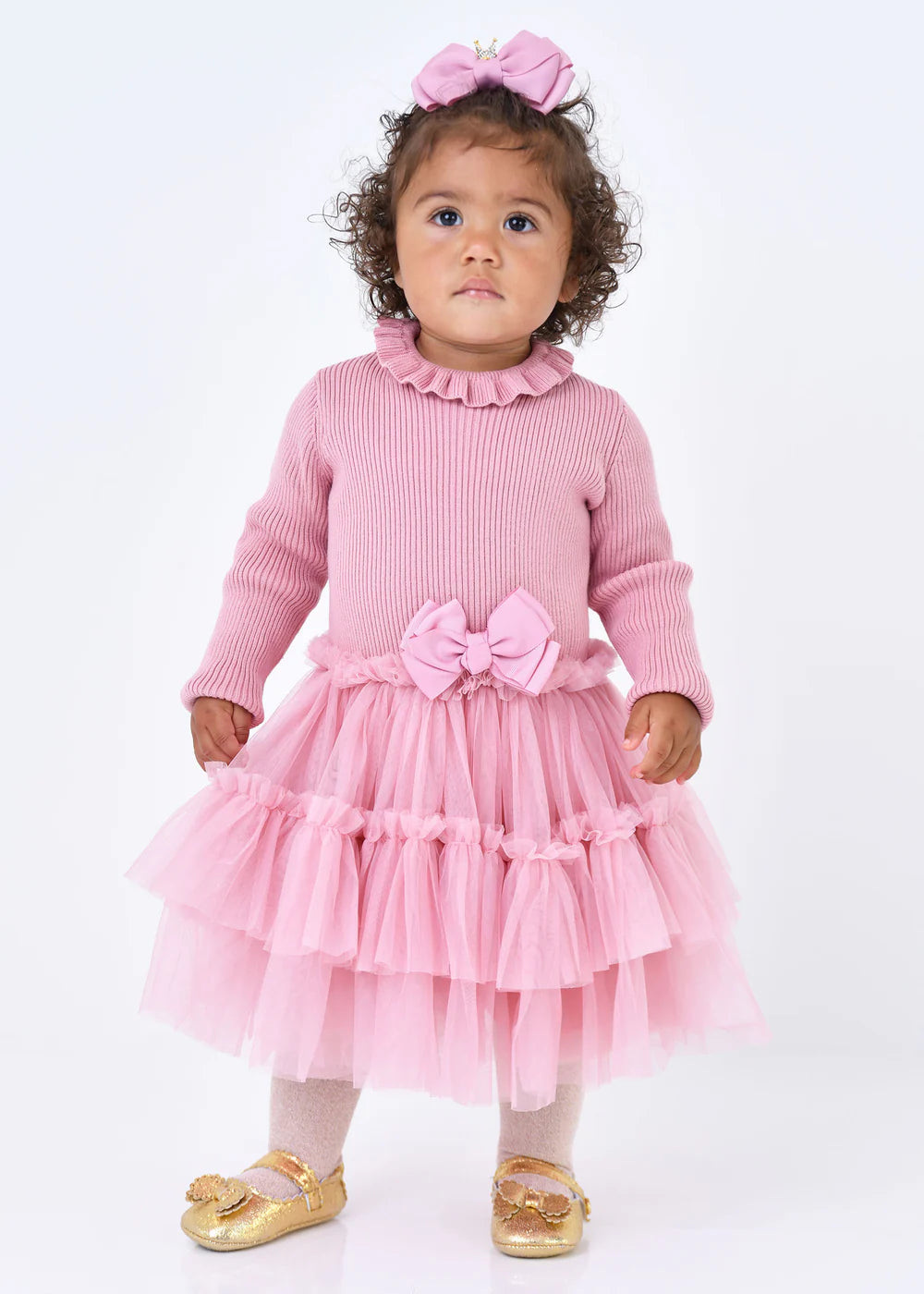 Elin Baby L/s Knit With Tulle Dress Tea Rose