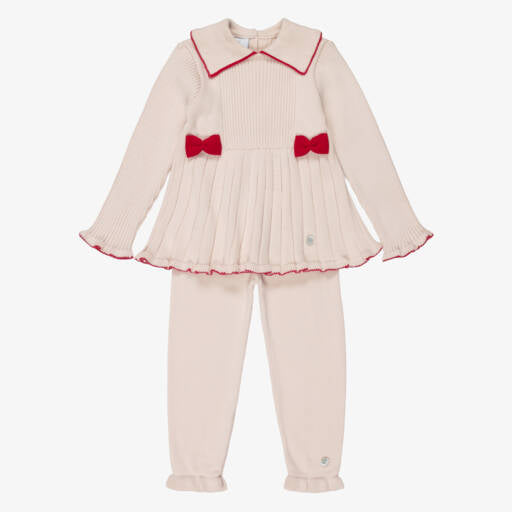 Granlei Girls Beige Knit Leggings Set with Red Bows - front view