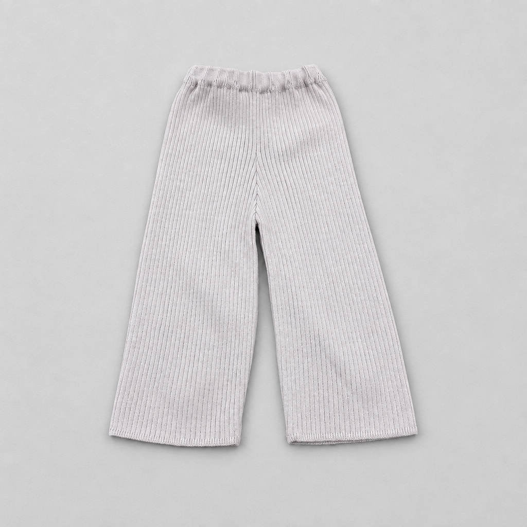 A pair of light gray ribbed knit wide-leg pants for toddlers, displayed flat against a neutral gray background.