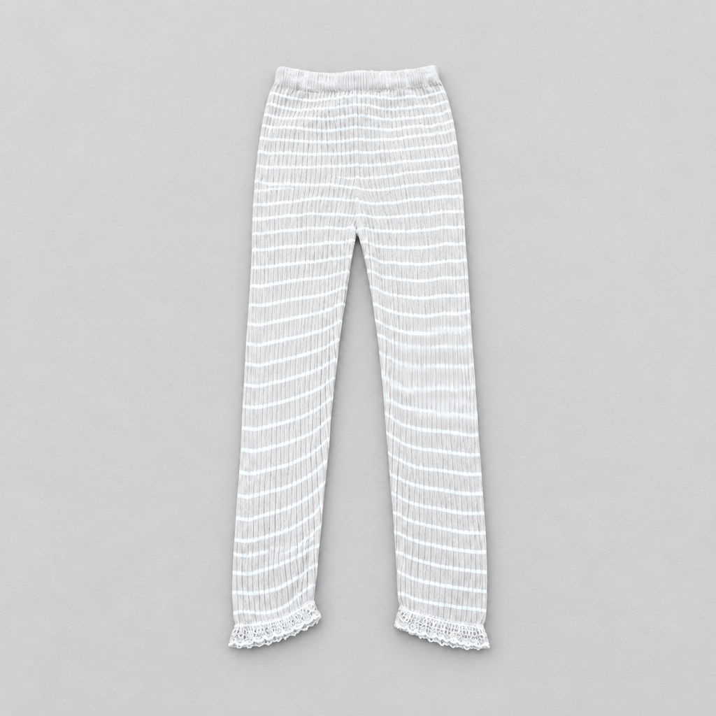White textured knit leggings with a fine vertical stripe pattern and delicate lace trim at the ankles, shown flat on a light gray background.