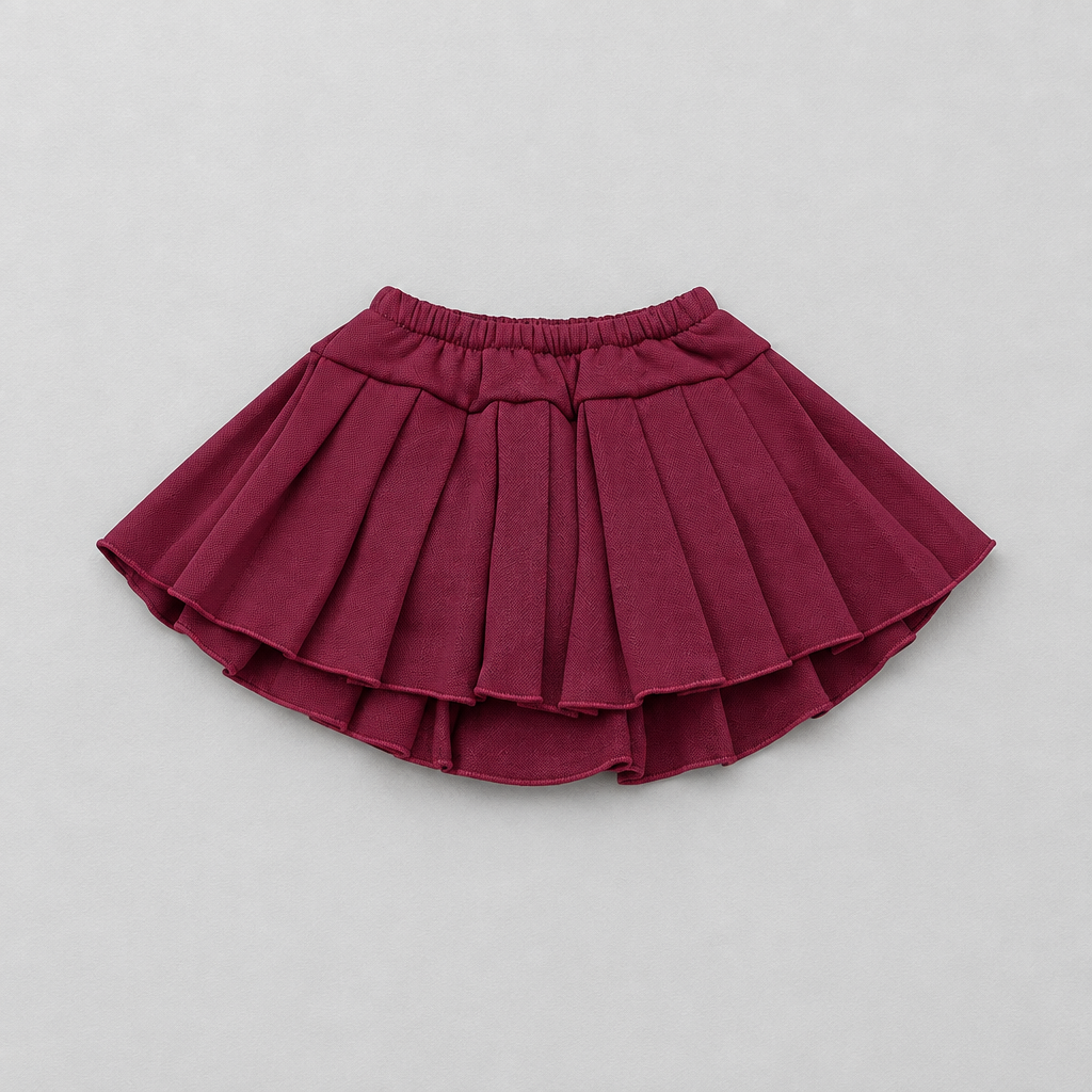 A pleated mini skirt in a deep burgundy or maroon color, laid flat against a neutral light gray background.