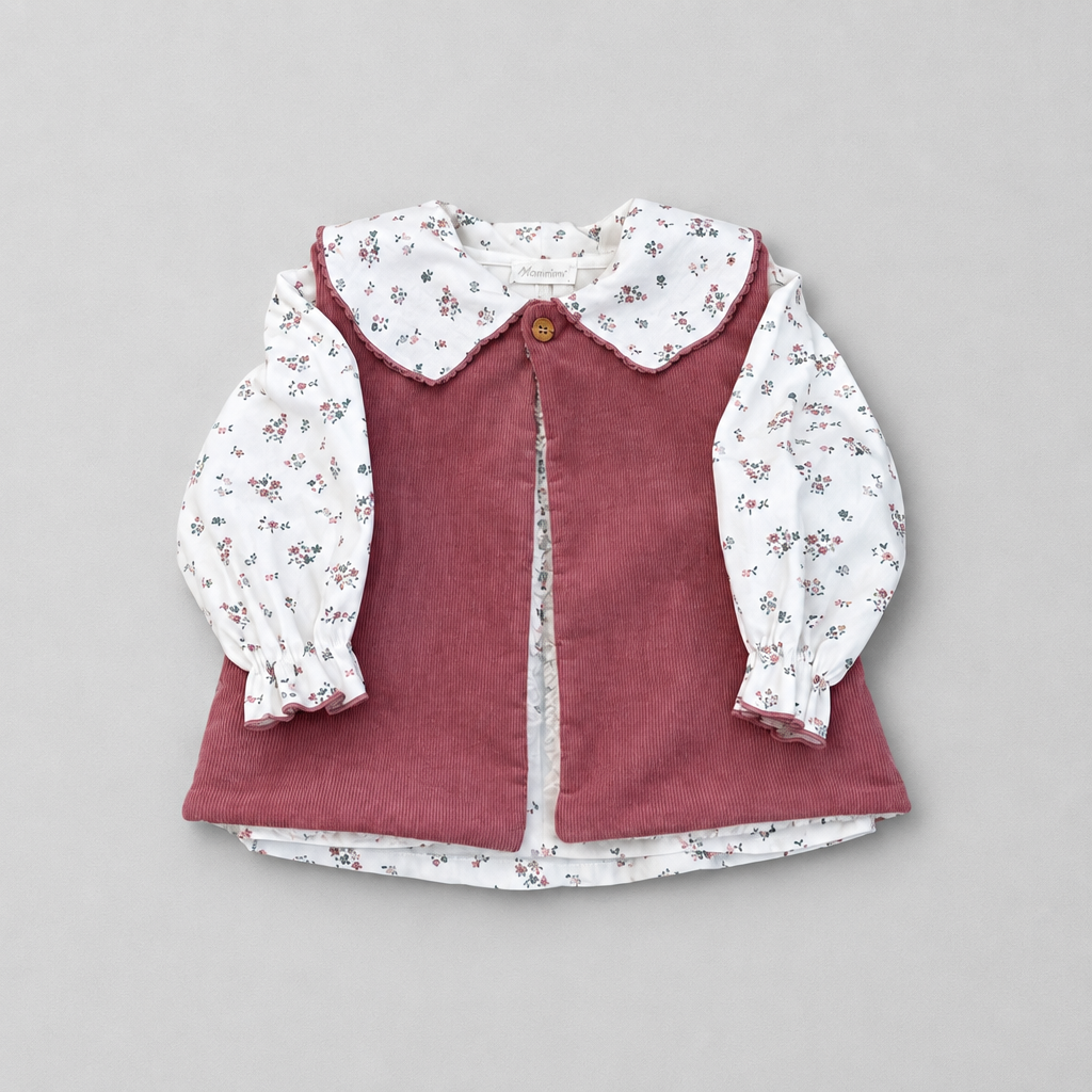 A children's long-sleeve blouse featuring a dusty rose corduroy vest over a white long-sleeve shirt with a small multicolor floral print, laid flat on a neutral gray background.