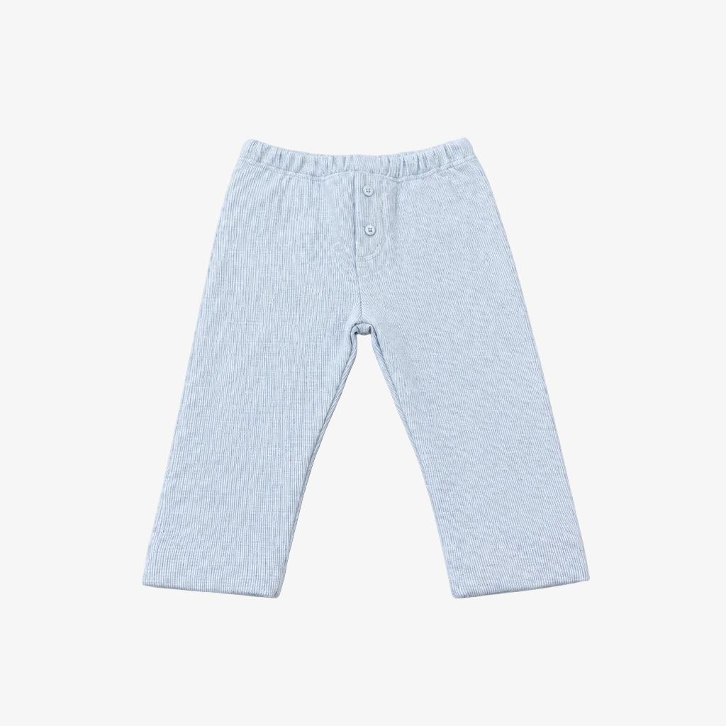Light blue ribbed knit baby pants with an elastic waistband and a three-button henley-style top, laid flat on a neutral gray background.