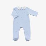 A light blue long-sleeve baby footed romper with a white Peter Pan collar and small embroidered details, laid flat on a neutral gray background.