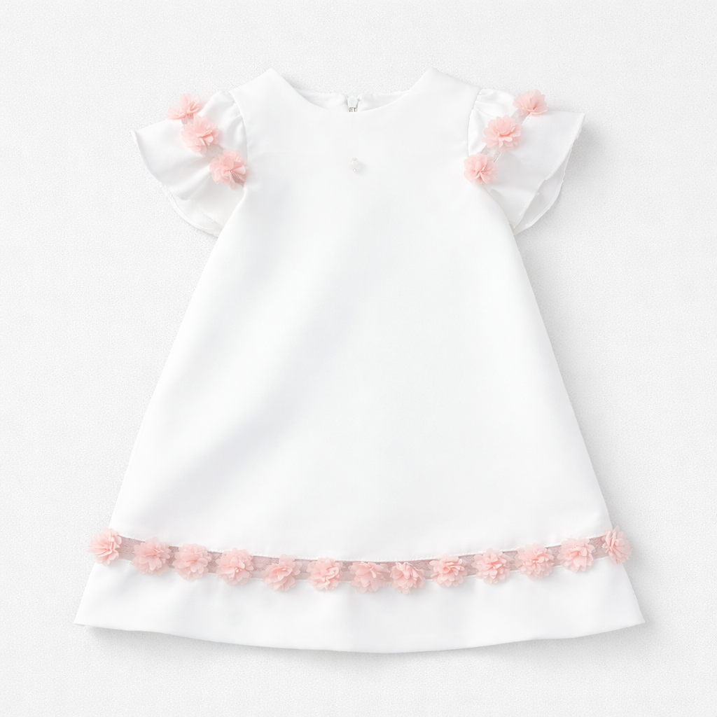 Patachou Girls Ivory Dress with Pink Floral Tulle Trim | Casa Childrenswear