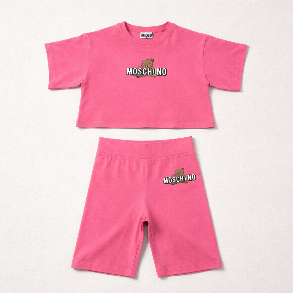 Moschino Girls Pink Cycling Short Set with Print | Casa Childrenswear