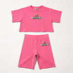 Moschino Girls Pink Cycling Short Set with Print | Casa Childrenswear