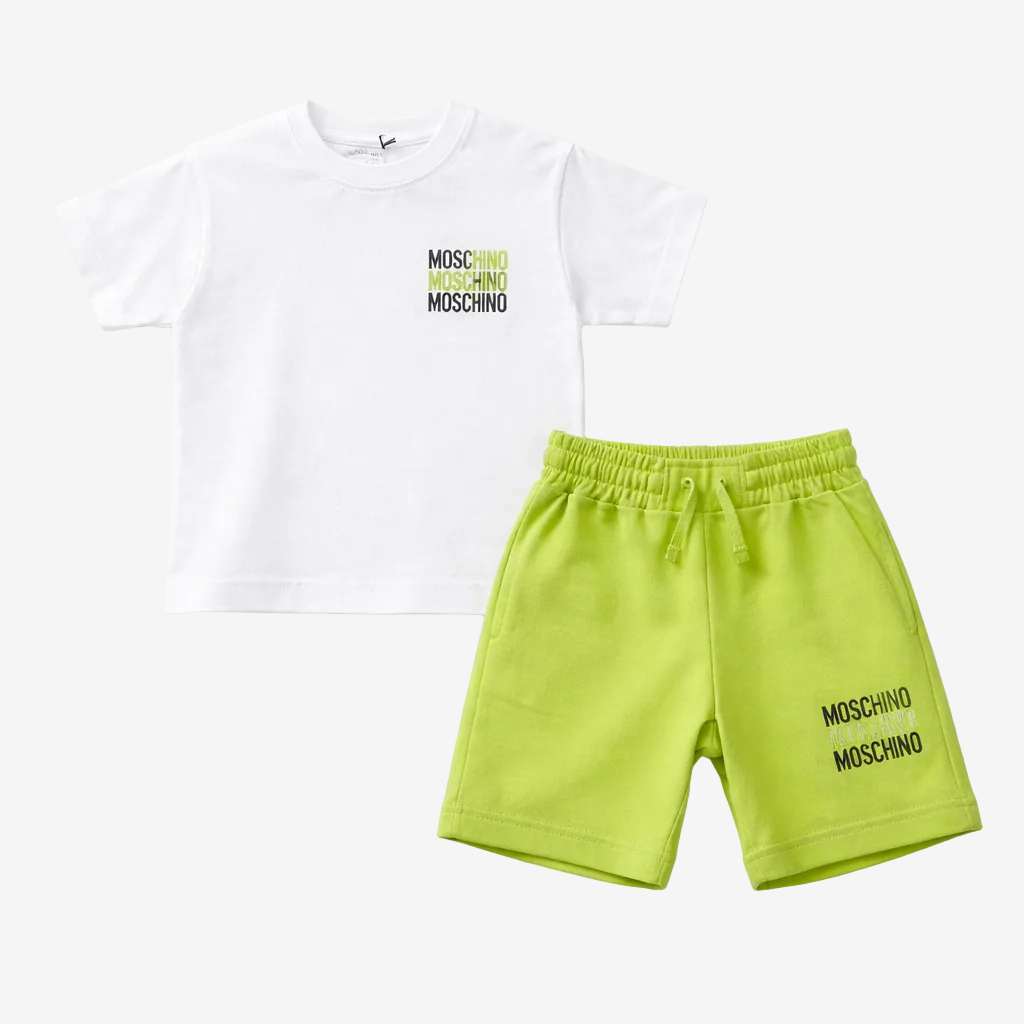 Moschino Boys Pocket Print White and Apple Green Cotton Short Set | Casa Childrenswear