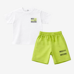 Moschino Boys Pocket Print White and Apple Green Cotton Short Set | Casa Childrenswear