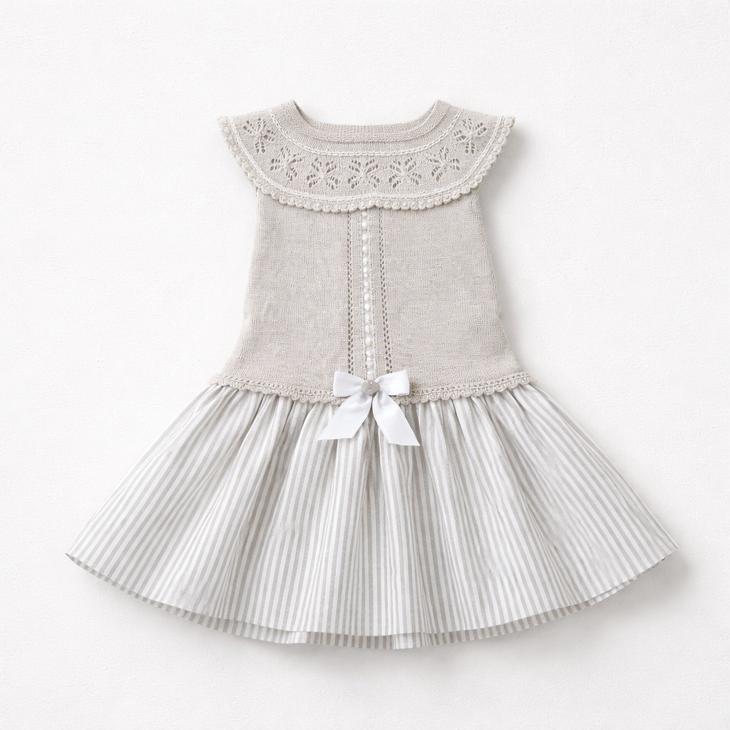 Granlei Beige Sleeveless Knitted & Striped Linen Mix Dress | Casa Childrenswear