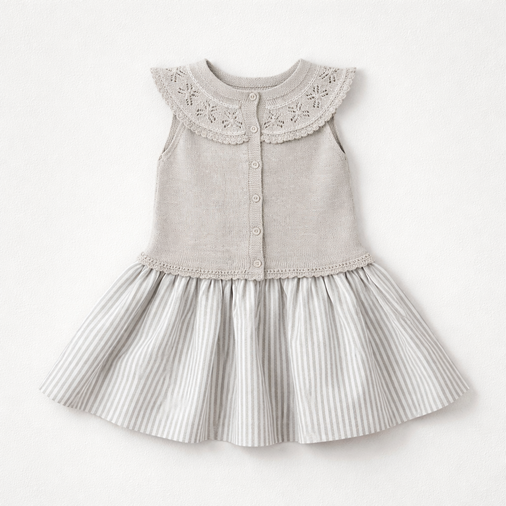Granlei Beige Sleeveless Knitted & Striped Linen Mix Dress | Casa Childrenswear