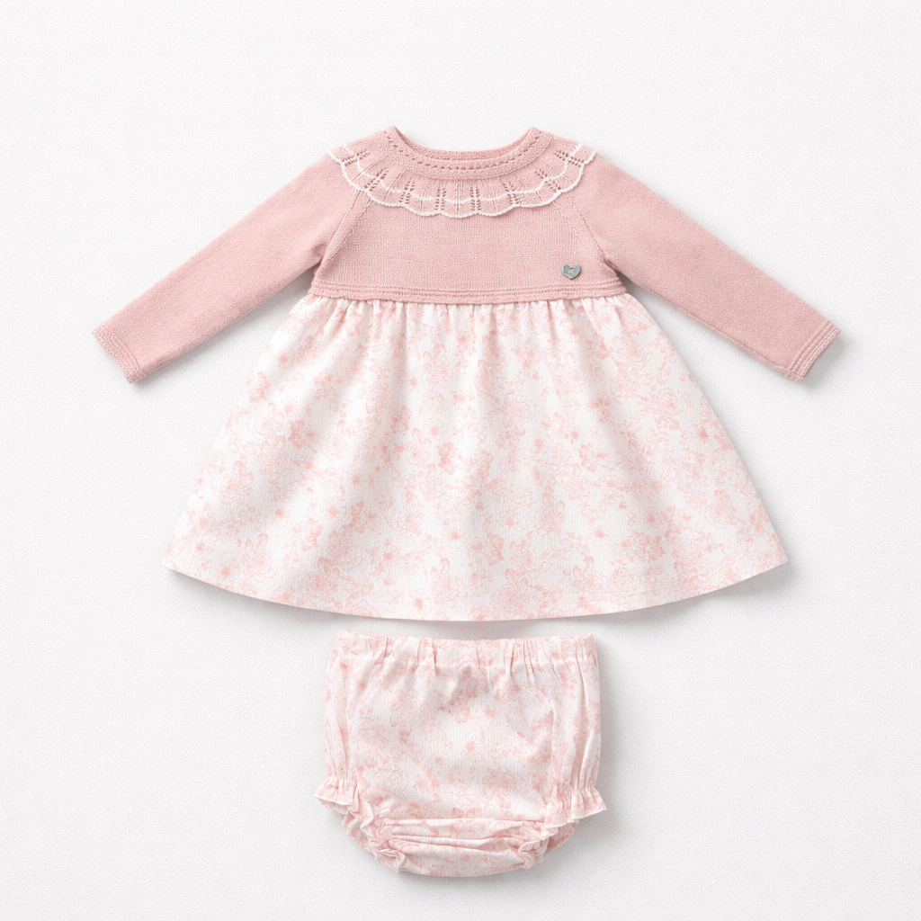 Granlei Pink Knitted Floral Print Dress with Bloomer | Casa Childrenswear