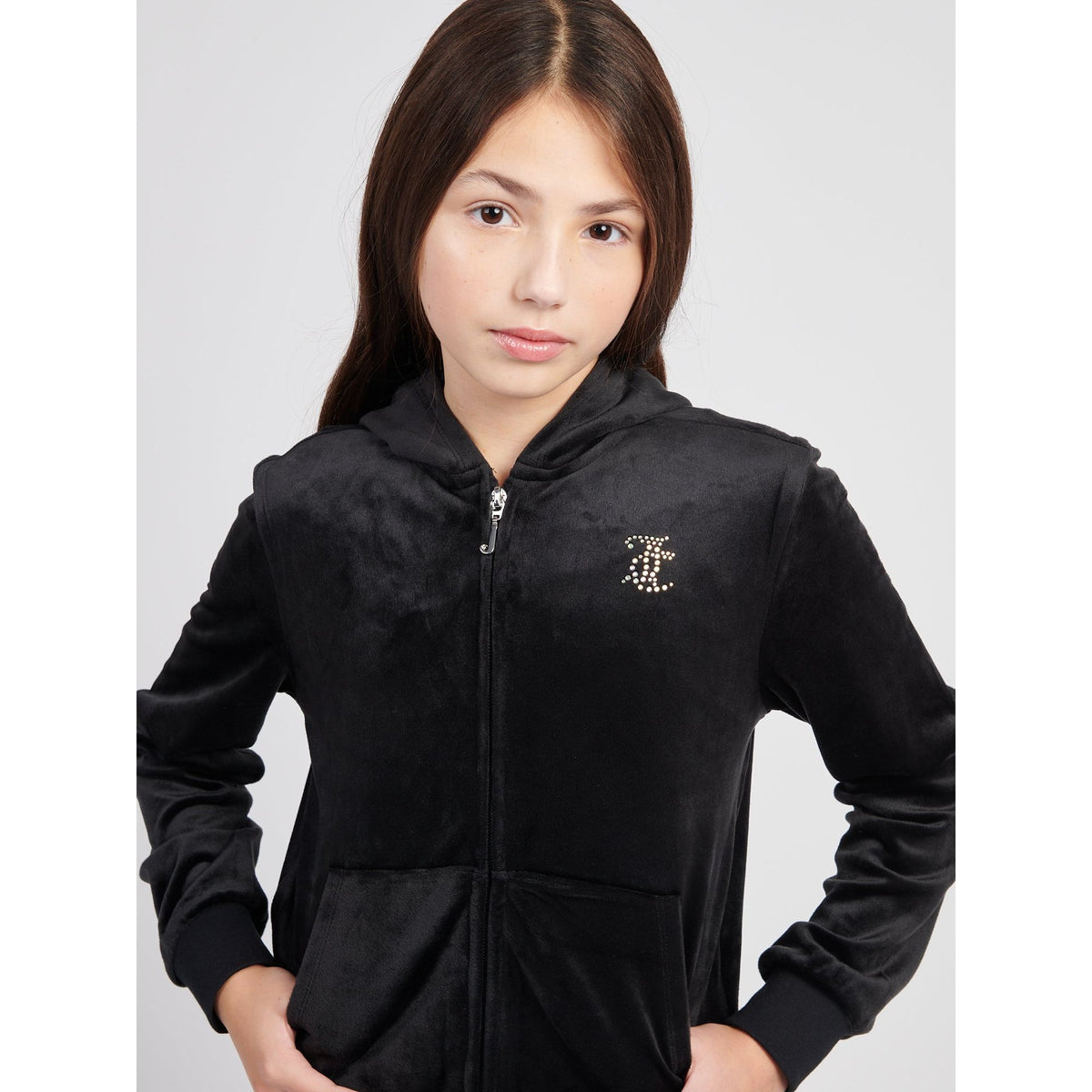 Black Diamonte Zip Thru Velour Hoodie