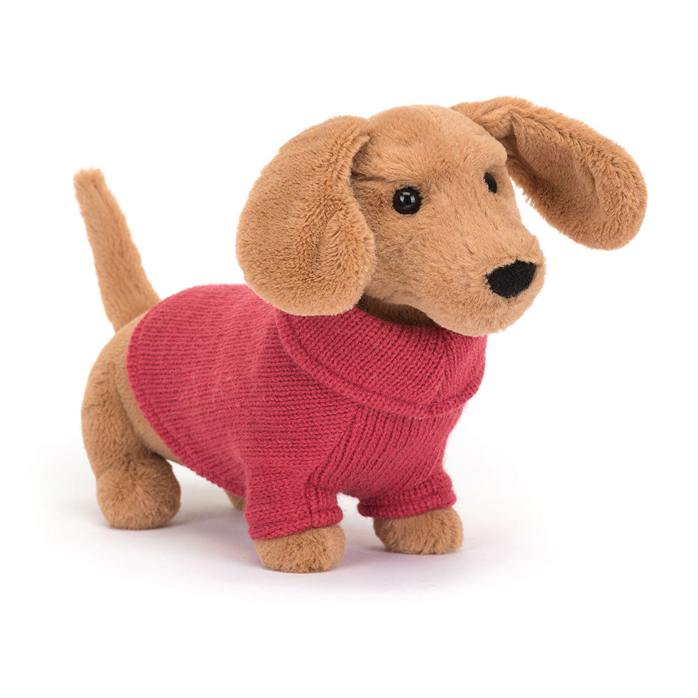Jellycat Sweater Sausage Dog Pink - front view