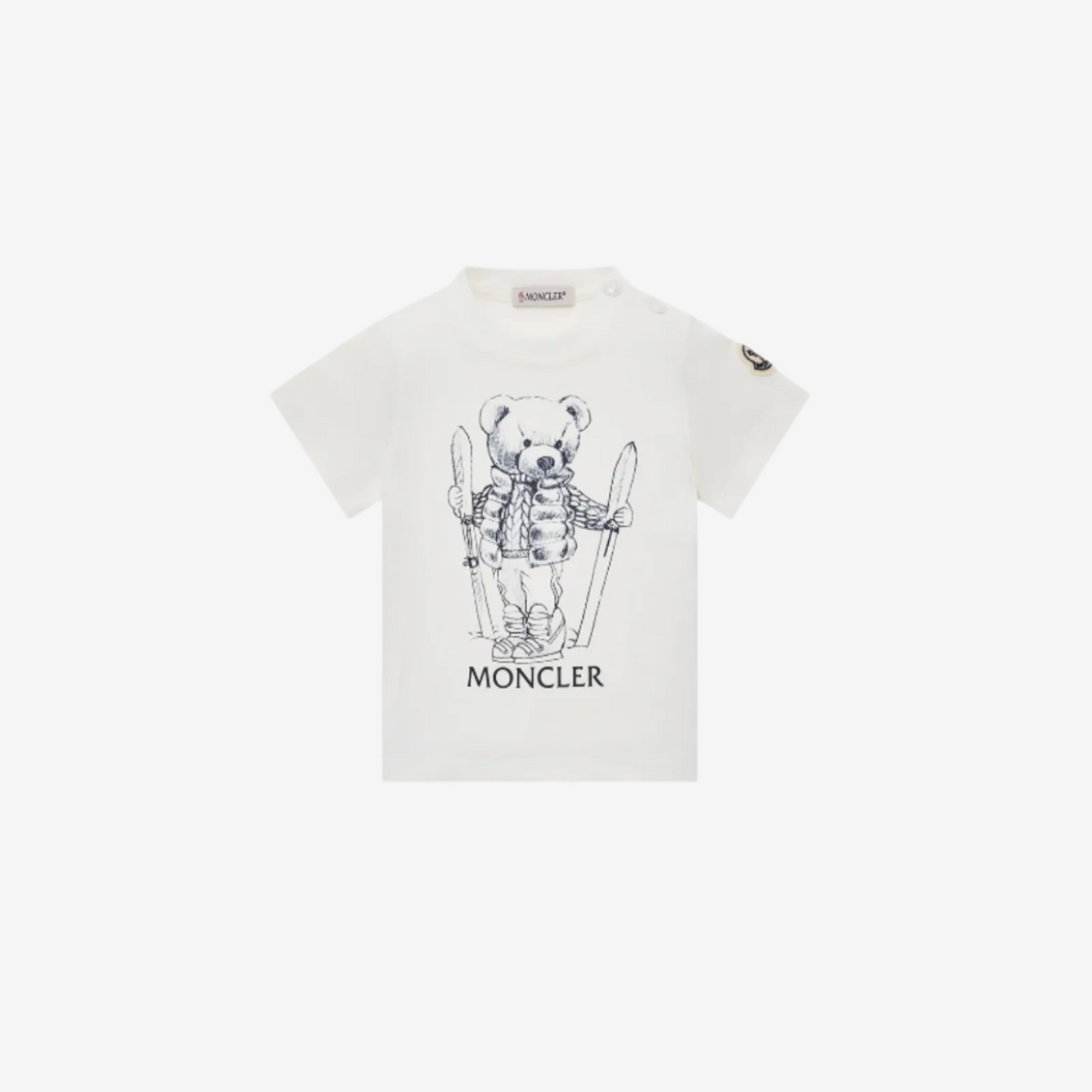 White t-shirt with teddy bear graphic and 'Moncler' branding on a white background