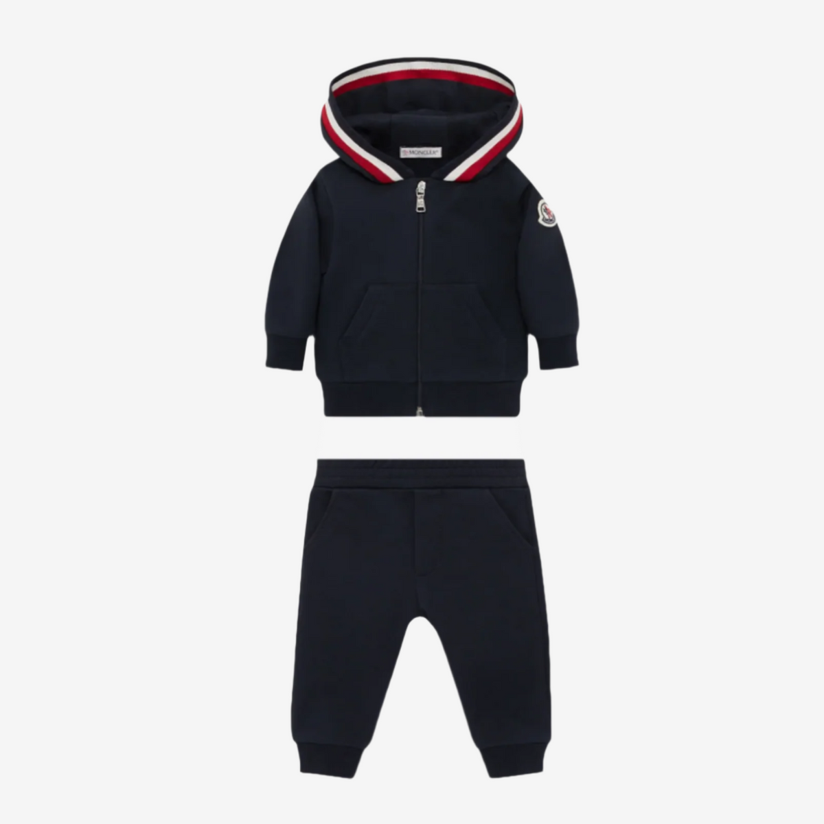 Navy blue children's hoodie and pants set with red and white accents on a white background
