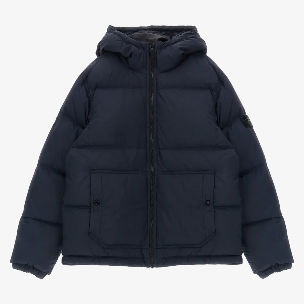 A dark navy blue hooded puffer jacket with a front zipper, horizontal quilting, and two front flap pockets, shown against a plain white background.