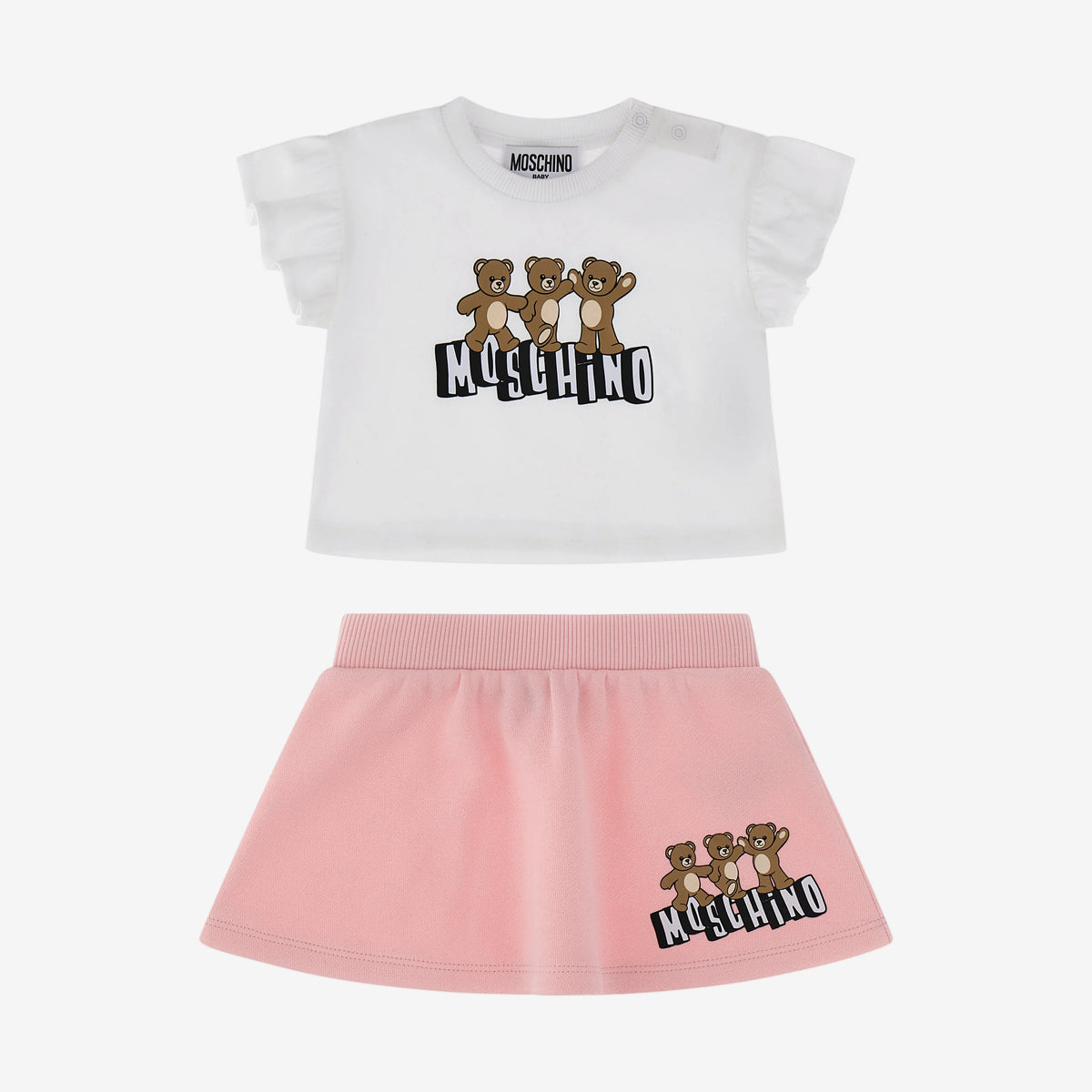 Moschino Baby Girls White & Pink Printed Cotton Skirt Set | Casa Childrenswear