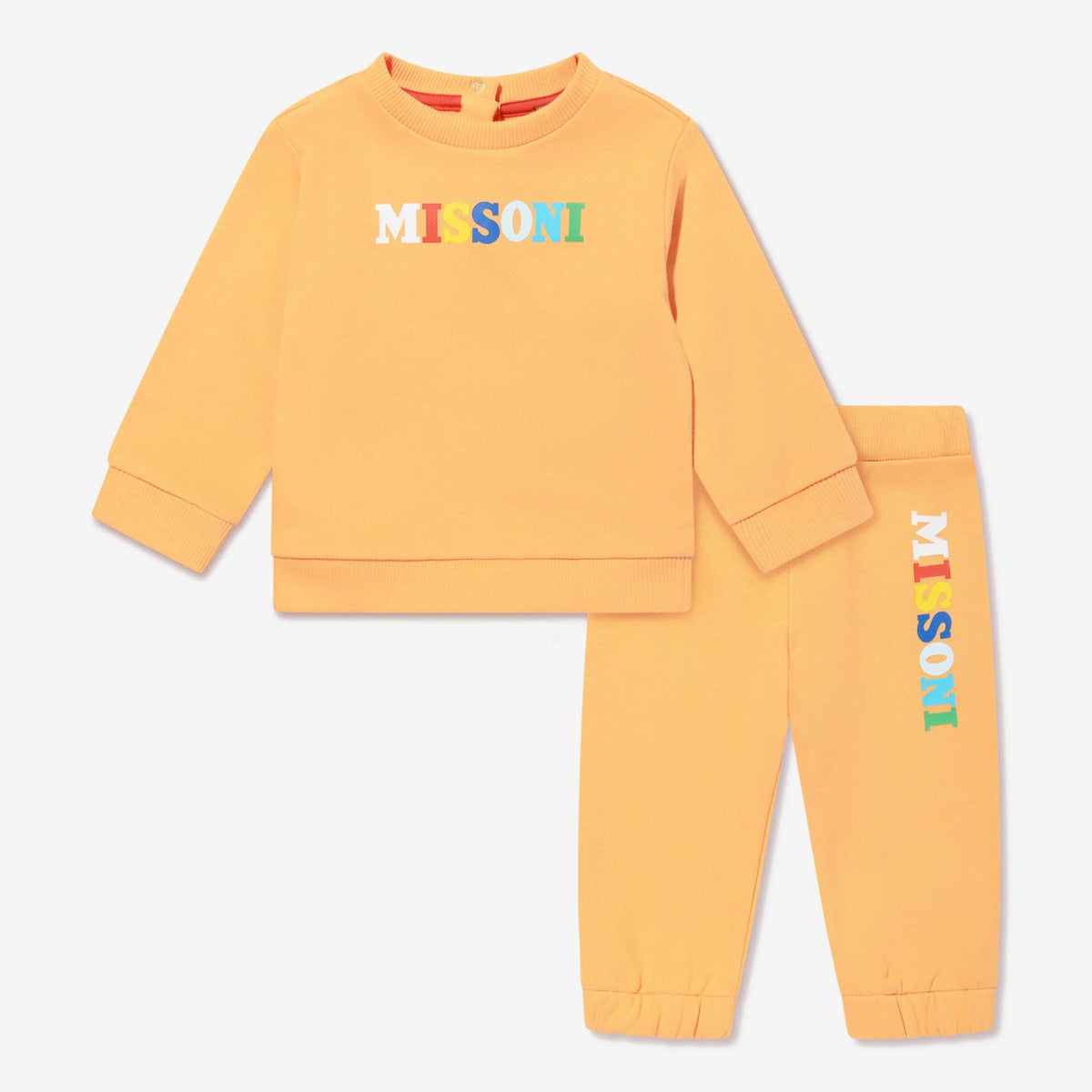 Yellow children's sweatshirt and pants set with 'Missoni' branding on a light gray background