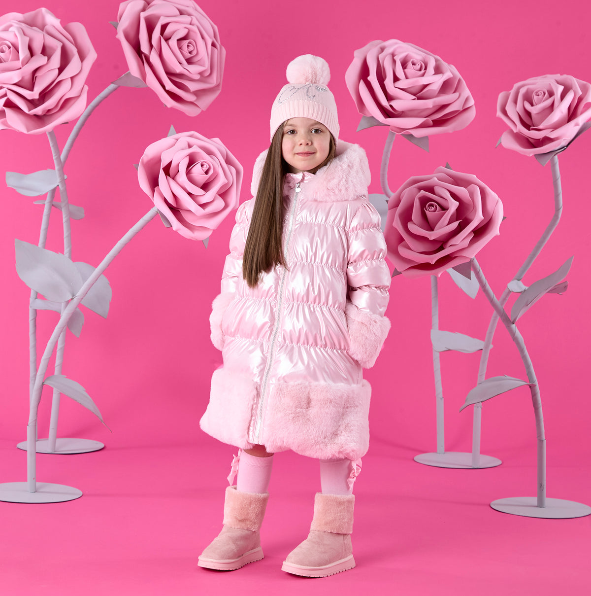 A Dee Aurora Pink Long Fur Trim Jacket | Casa Childrenswear