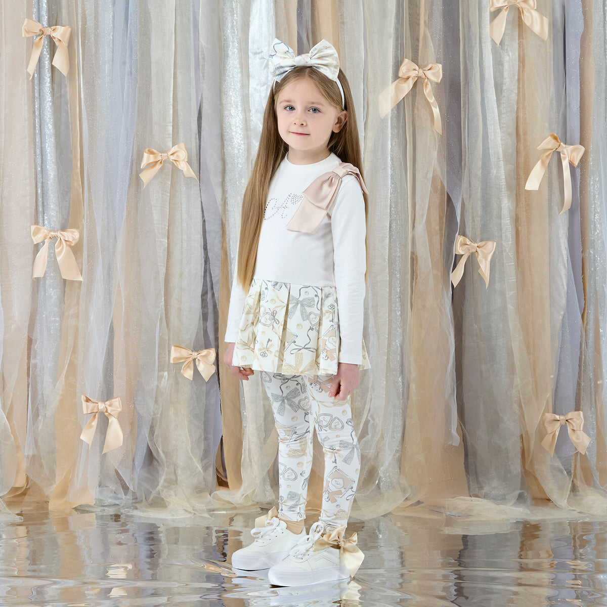A Dee Blake White Bow Print Peplum Legging Set | Casa Childrenswear