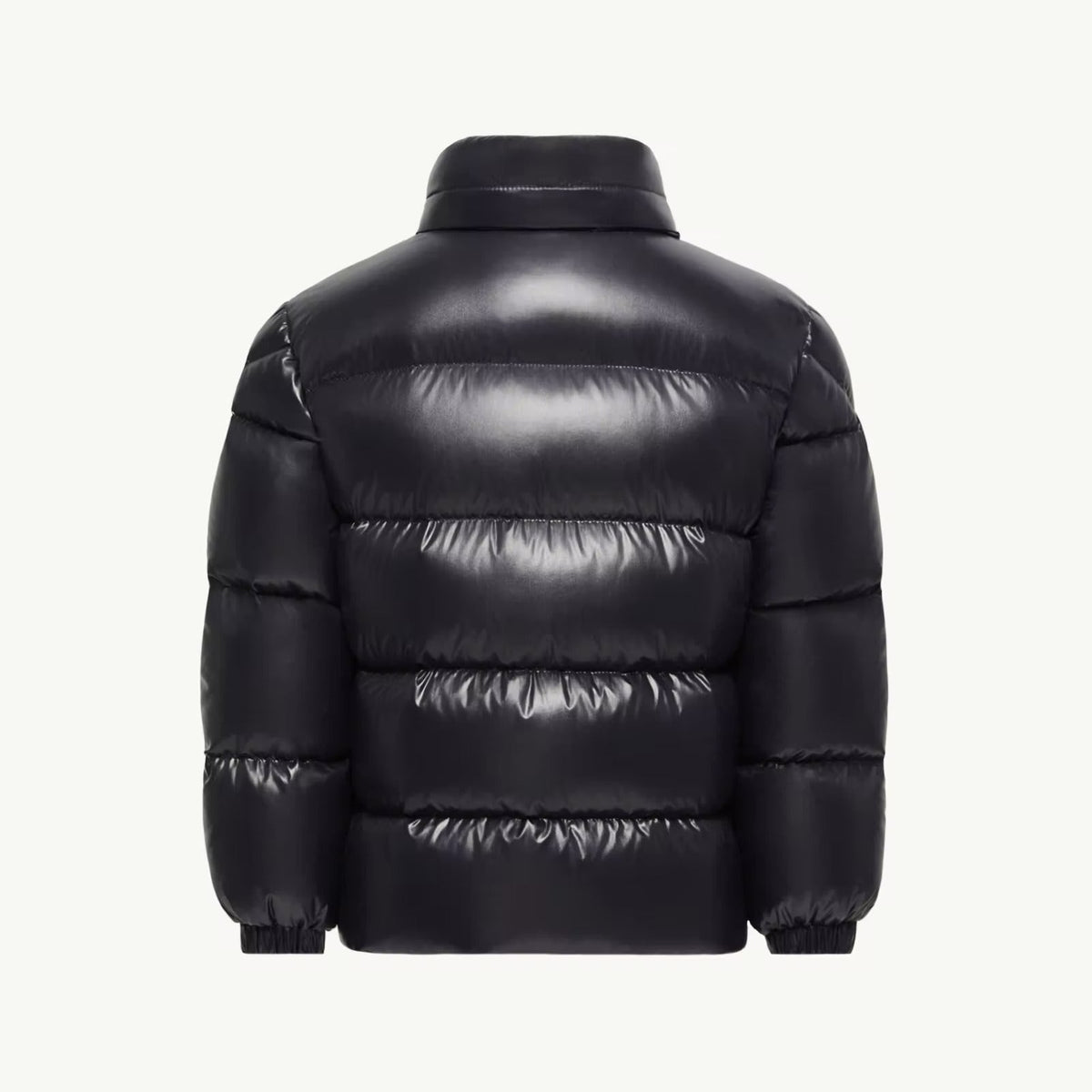 A black puffer jacket shown from the back, featuring horizontal quilting and a high collar, set against a plain off-white background.