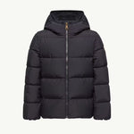 A black hooded puffer jacket with horizontal quilting and a front zipper, shown against a plain off-white background.