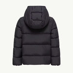 A black hooded puffer jacket shown from the back, featuring horizontal quilting and a padded hood, set against a solid off-white background.