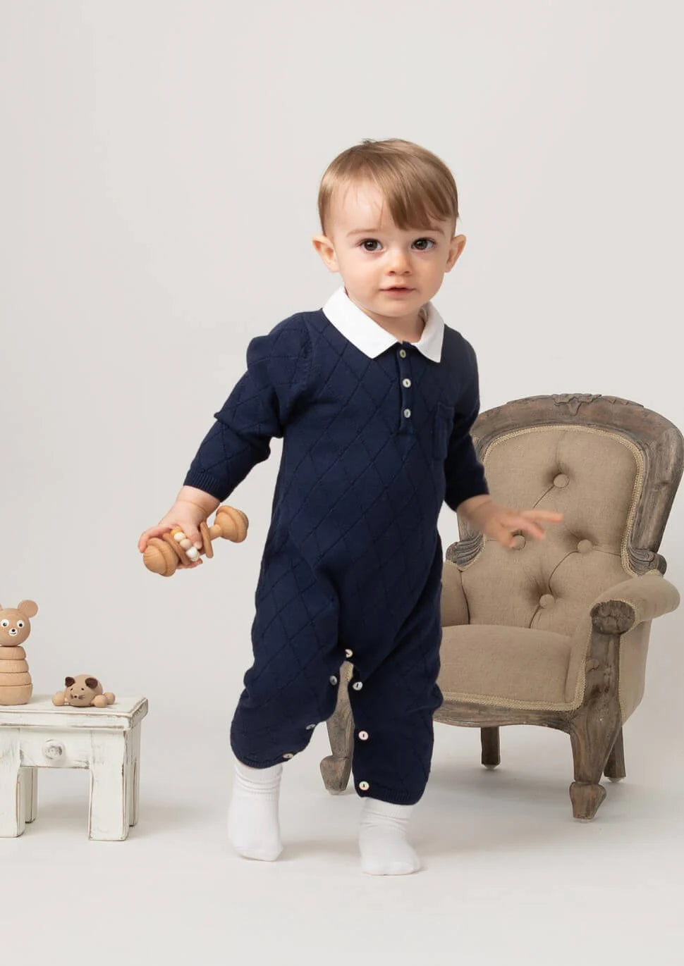 Baby Boy Navy Diamond Knitted Romper
