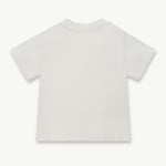 A plain white short-sleeve t-shirt shown from the back against a solid off-white background.