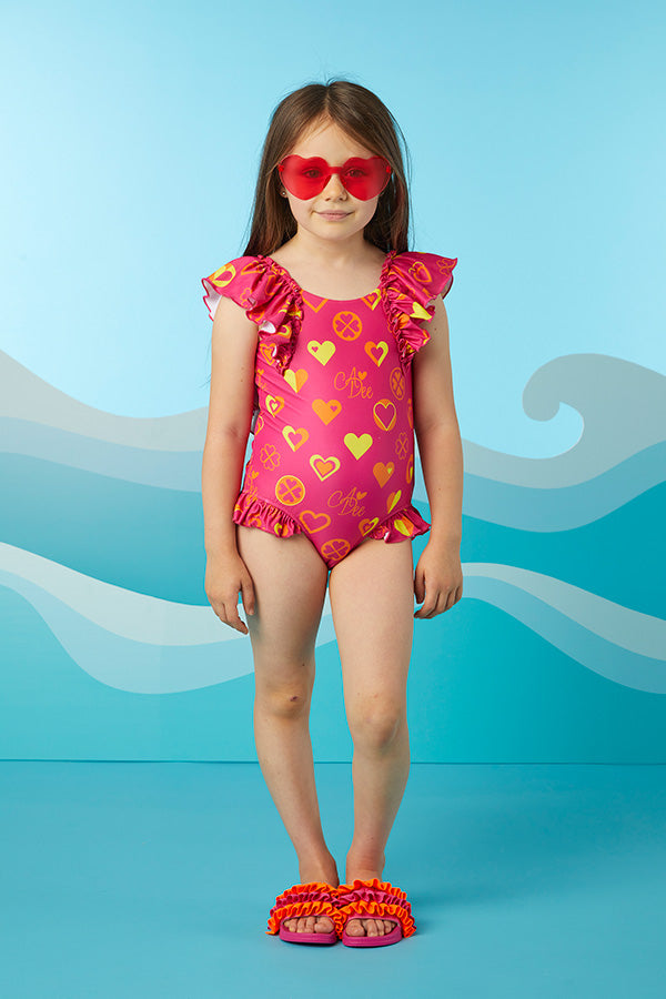 Dori Pink Colour Block Heart Print-Swimsuit