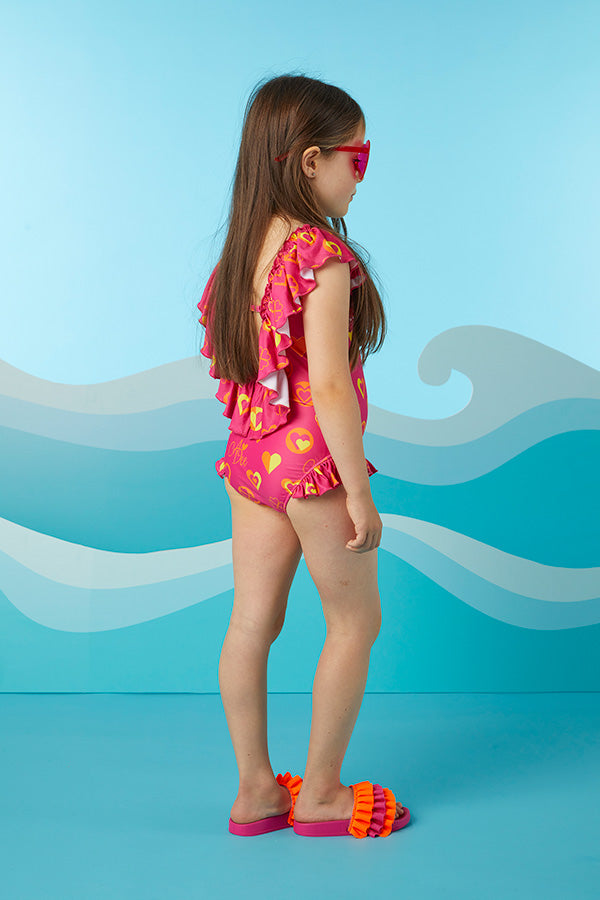 Dori Pink Colour Block Heart Print-Swimsuit