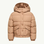 A light tan hooded puffer jacket with horizontal quilting, snap-button front, and two front flap pockets, shown on a plain off-white background.